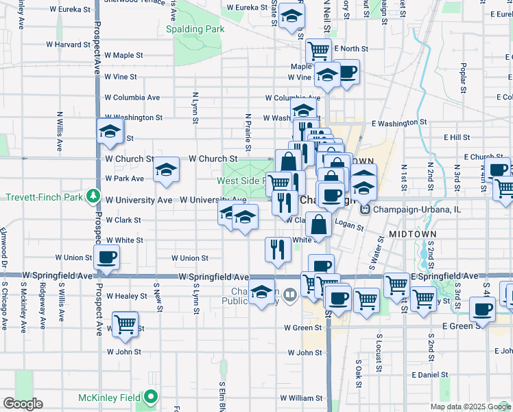 map of restaurants, bars, coffee shops, grocery stores, and more near 309 West University Avenue in Champaign