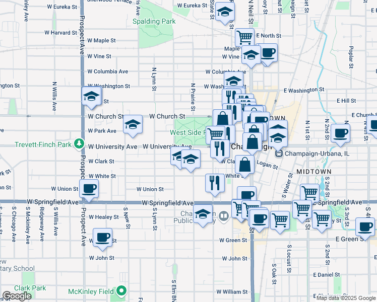 map of restaurants, bars, coffee shops, grocery stores, and more near 407 West University Avenue in Champaign