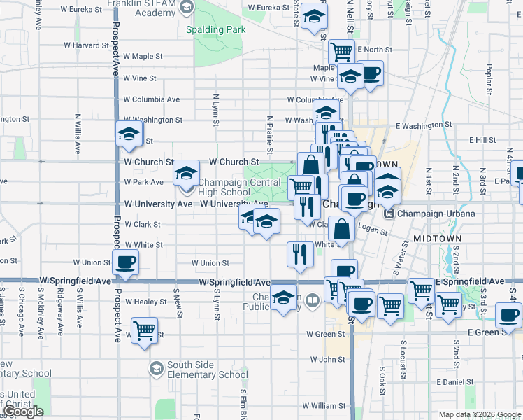 map of restaurants, bars, coffee shops, grocery stores, and more near 407 West University Avenue in Champaign