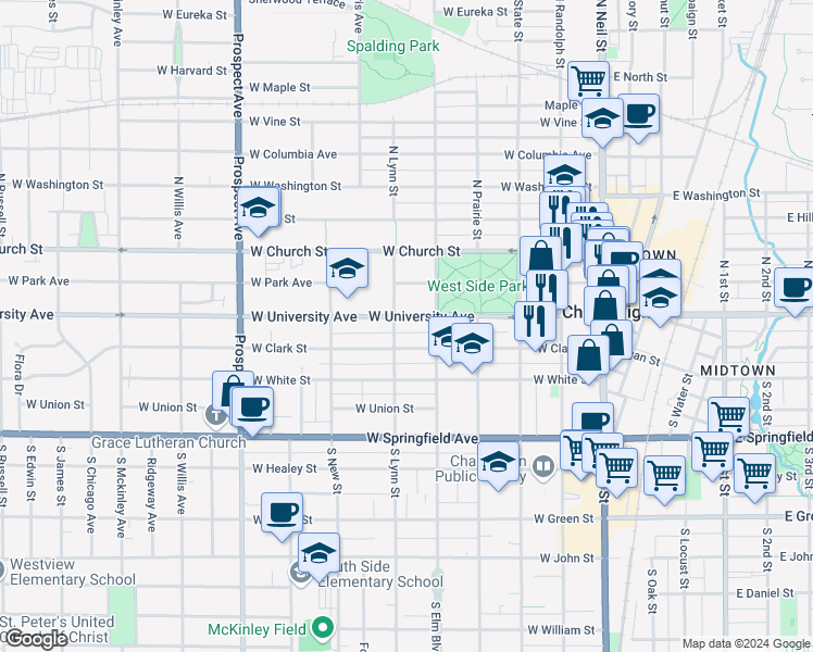 map of restaurants, bars, coffee shops, grocery stores, and more near 505 West University Avenue in Champaign