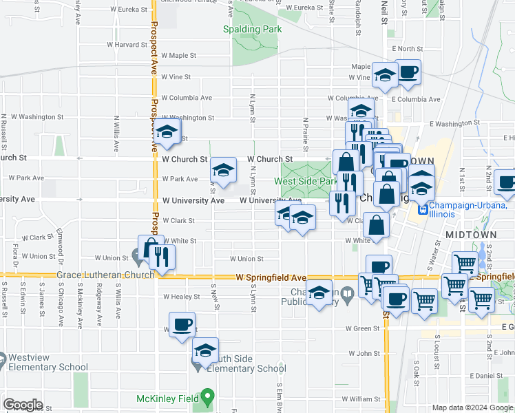 map of restaurants, bars, coffee shops, grocery stores, and more near 505 West University Avenue in Champaign