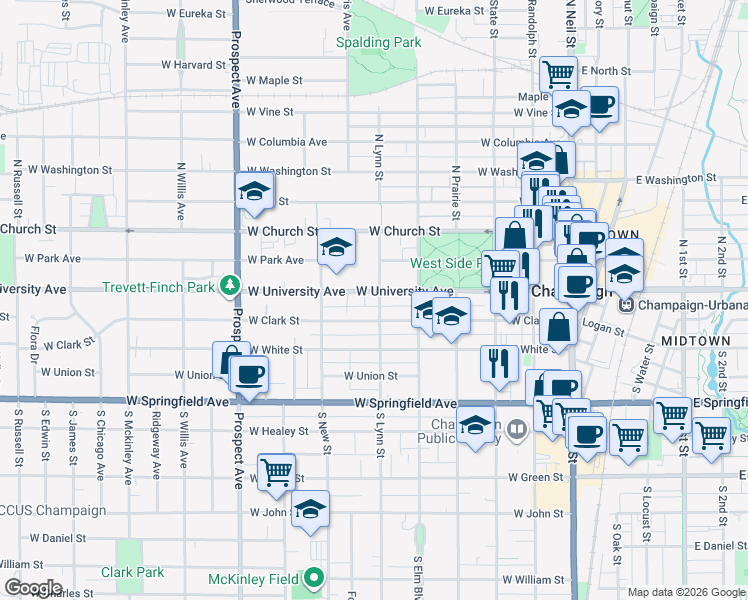 map of restaurants, bars, coffee shops, grocery stores, and more near in Champaign