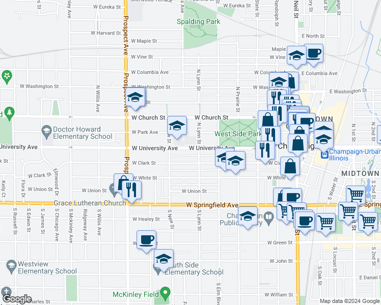 map of restaurants, bars, coffee shops, grocery stores, and more near in Champaign