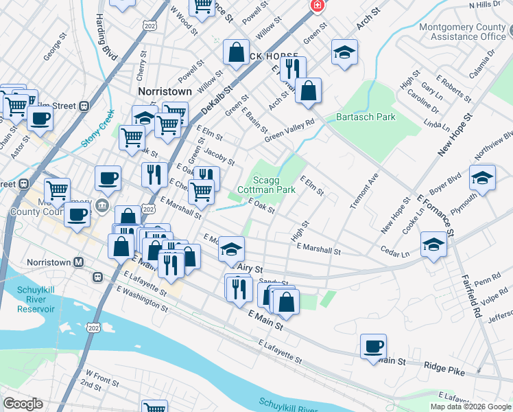 map of restaurants, bars, coffee shops, grocery stores, and more near 400 East Oak Street in Norristown