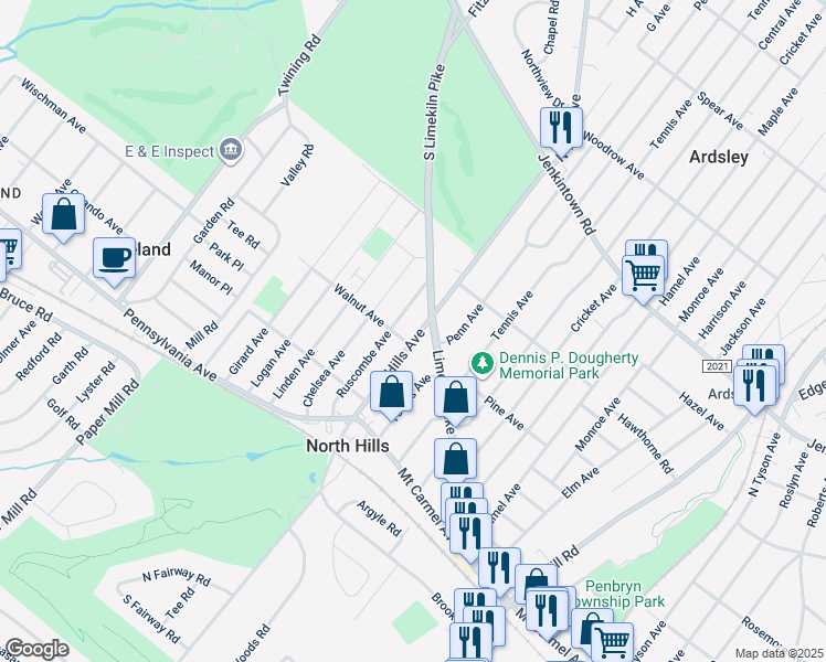 map of restaurants, bars, coffee shops, grocery stores, and more near 308 North Hills Avenue in Glenside