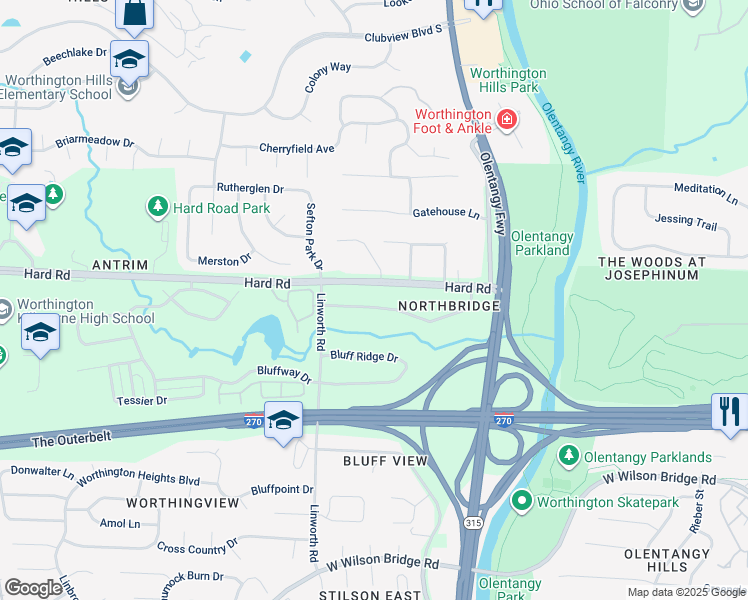 map of restaurants, bars, coffee shops, grocery stores, and more near 836 Bluffview Drive in Columbus