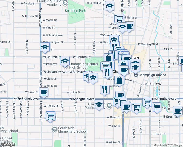 map of restaurants, bars, coffee shops, grocery stores, and more near 407 West University Avenue in Champaign