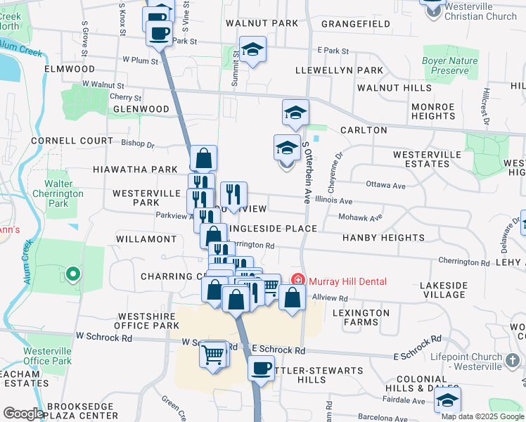 map of restaurants, bars, coffee shops, grocery stores, and more near 105 Cherokee Drive in Westerville