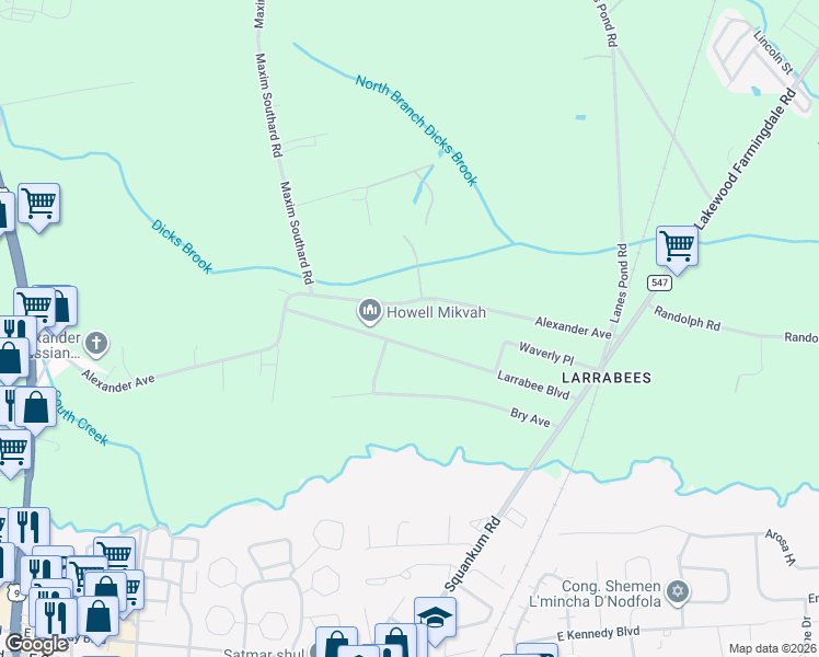 map of restaurants, bars, coffee shops, grocery stores, and more near 72 Larrabee Boulevard in Howell Township