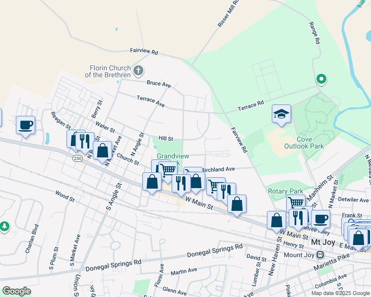 map of restaurants, bars, coffee shops, grocery stores, and more near 311 Orchard Road in Mount Joy