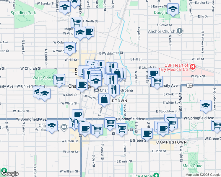 map of restaurants, bars, coffee shops, grocery stores, and more near 115 S 1st St in Champaign