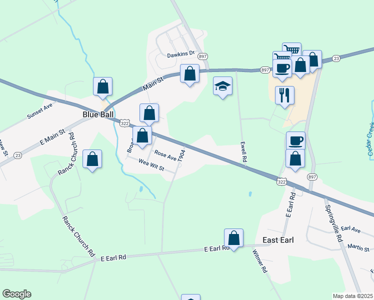 map of restaurants, bars, coffee shops, grocery stores, and more near 4409 Division Highway in East Earl