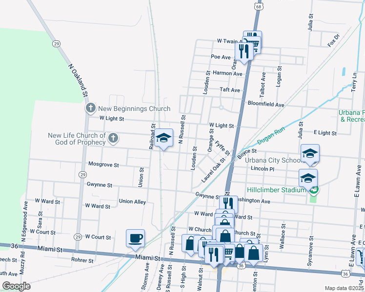 map of restaurants, bars, coffee shops, grocery stores, and more near 711 North Russell Street in Urbana