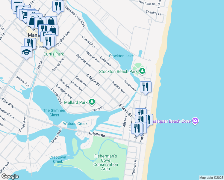 map of restaurants, bars, coffee shops, grocery stores, and more near 11 Sims Avenue in Manasquan