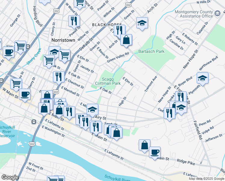 map of restaurants, bars, coffee shops, grocery stores, and more near 811 Violet Street in Norristown
