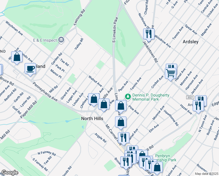 map of restaurants, bars, coffee shops, grocery stores, and more near 308 North Hills Avenue in Glenside