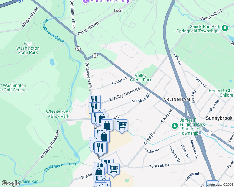 map of restaurants, bars, coffee shops, grocery stores, and more near 6329 East Valley Green Road in Flourtown