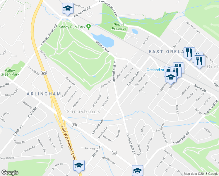 map of restaurants, bars, coffee shops, grocery stores, and more near 304 Willow Road in Oreland
