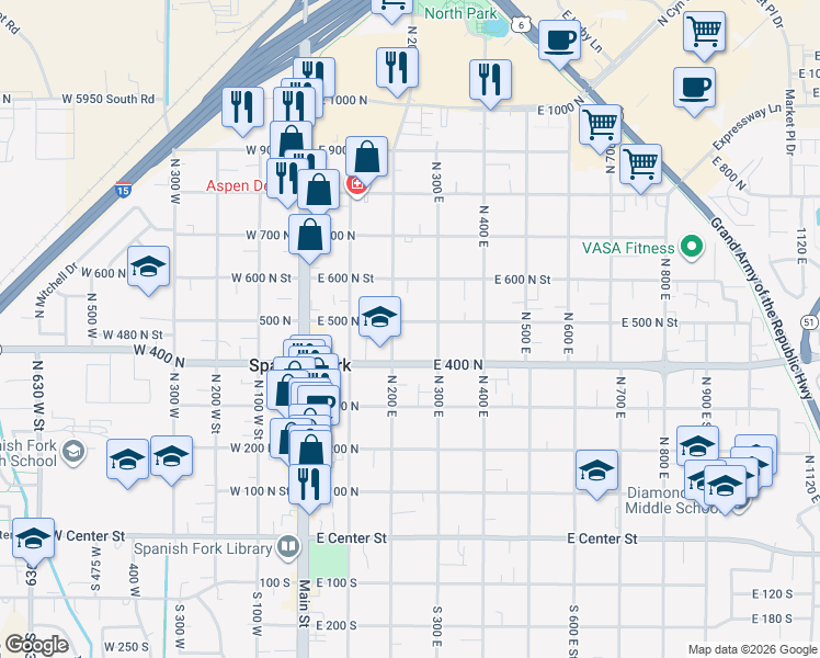 map of restaurants, bars, coffee shops, grocery stores, and more near 490 North 200 East in Spanish Fork