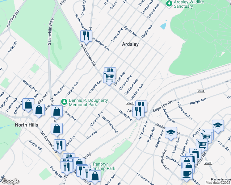 map of restaurants, bars, coffee shops, grocery stores, and more near 2752 Jenkintown Road in Glenside