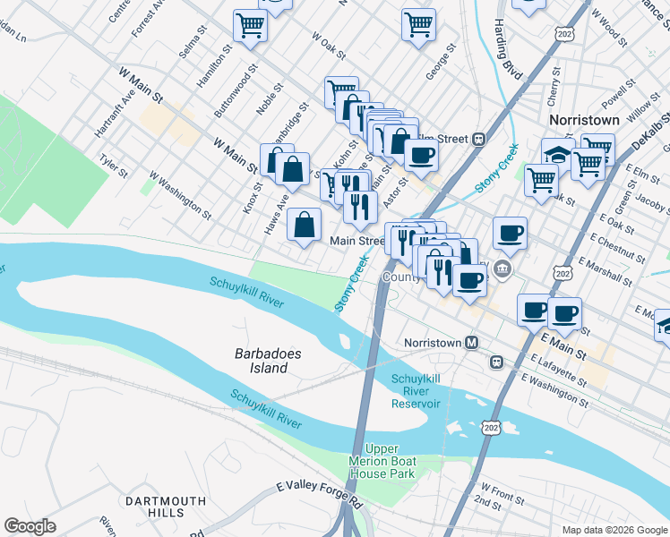 map of restaurants, bars, coffee shops, grocery stores, and more near 102 Chain Street in Norristown