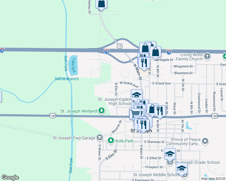 map of restaurants, bars, coffee shops, grocery stores, and more near 511 North Elm Street in Saint Joseph