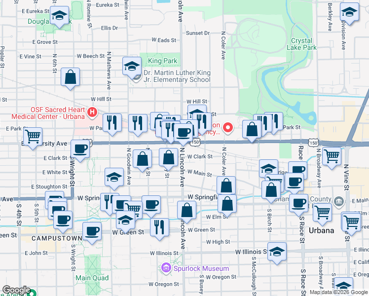 map of restaurants, bars, coffee shops, grocery stores, and more near 410 North Lincoln Avenue in Urbana