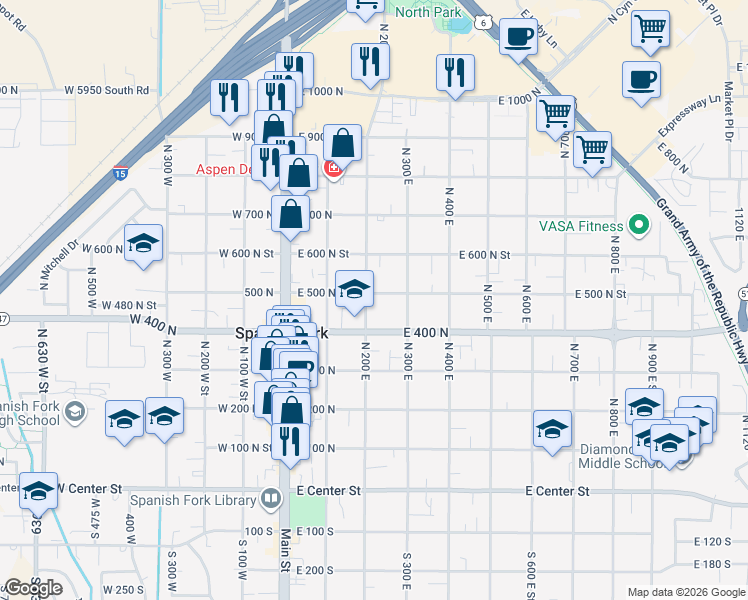 map of restaurants, bars, coffee shops, grocery stores, and more near 490 North 200 East in Spanish Fork