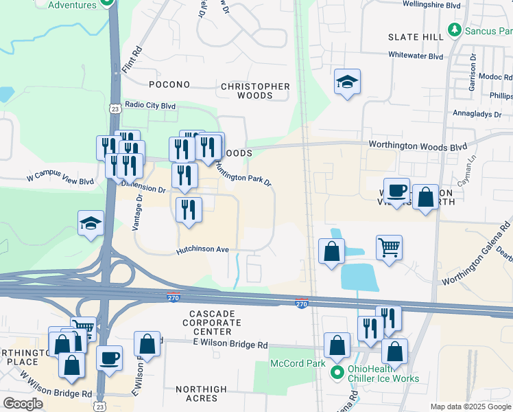 map of restaurants, bars, coffee shops, grocery stores, and more near 7575 Huntington Park Drive in Columbus