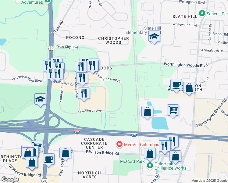 map of restaurants, bars, coffee shops, grocery stores, and more near 7575 Huntington Park Drive in Columbus
