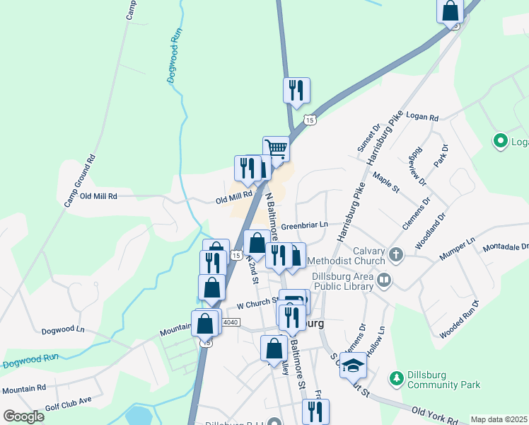 map of restaurants, bars, coffee shops, grocery stores, and more near 335 North Baltimore Street in Dillsburg