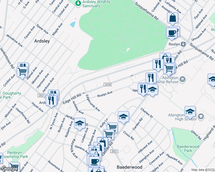 map of restaurants, bars, coffee shops, grocery stores, and more near 731 Edge Hill Rd in Glenside