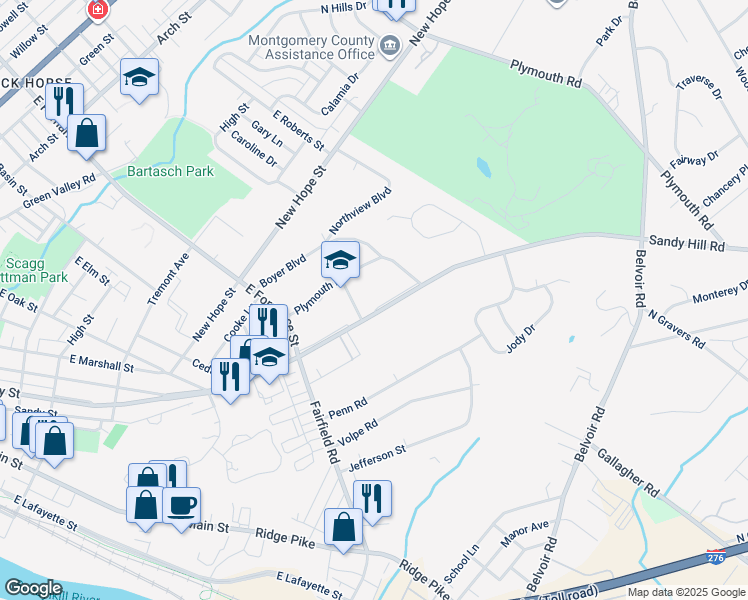 map of restaurants, bars, coffee shops, grocery stores, and more near 1503 Riverview Boulevard in Plymouth Meeting