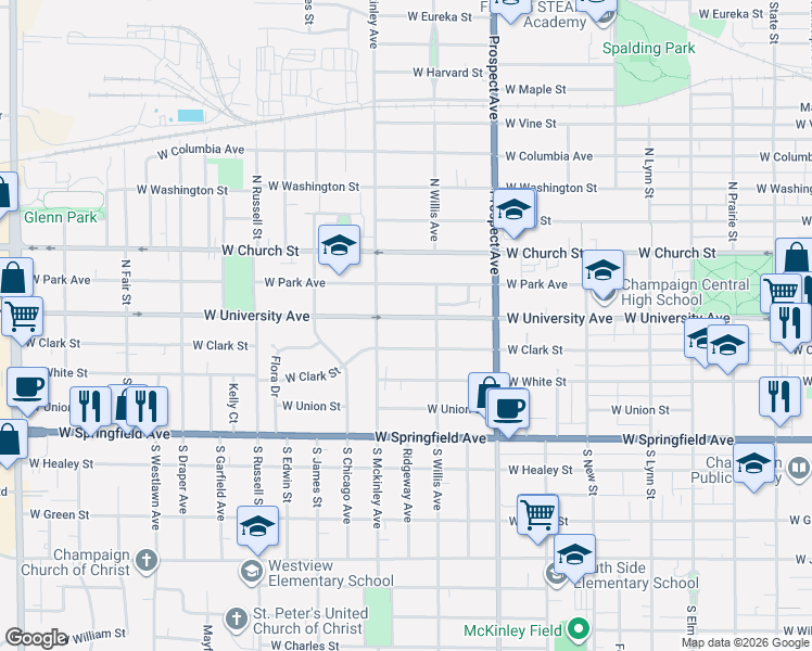 map of restaurants, bars, coffee shops, grocery stores, and more near 1009 West University Avenue in Champaign