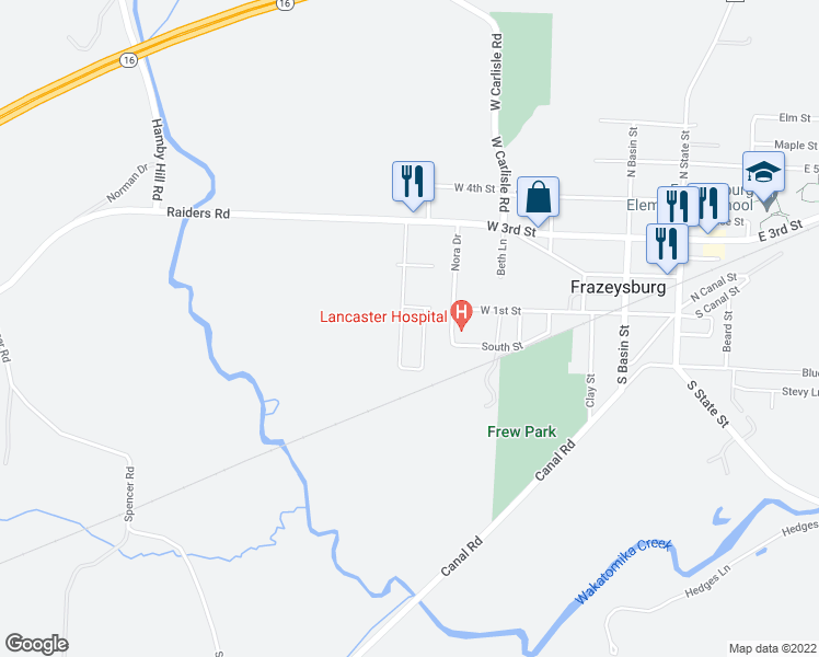 map of restaurants, bars, coffee shops, grocery stores, and more near 135 West Kingfisher Court in Frazeysburg