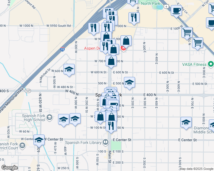 map of restaurants, bars, coffee shops, grocery stores, and more near 9 West 500 North in Spanish Fork