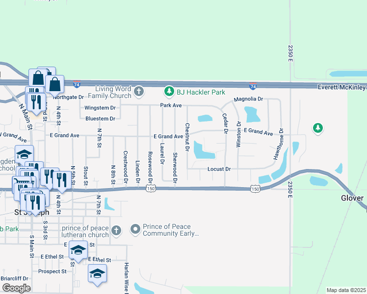 map of restaurants, bars, coffee shops, grocery stores, and more near 508 Sherwood Drive in Saint Joseph