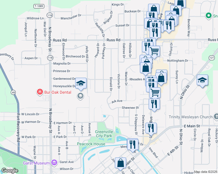 map of restaurants, bars, coffee shops, grocery stores, and more near 1082 Donald Dr in Greenville
