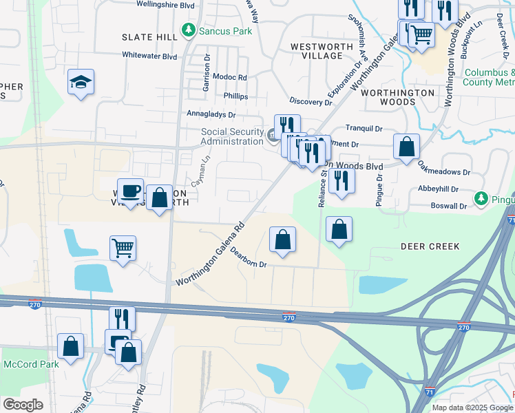map of restaurants, bars, coffee shops, grocery stores, and more near 7500 Worthington Galena Road in Columbus