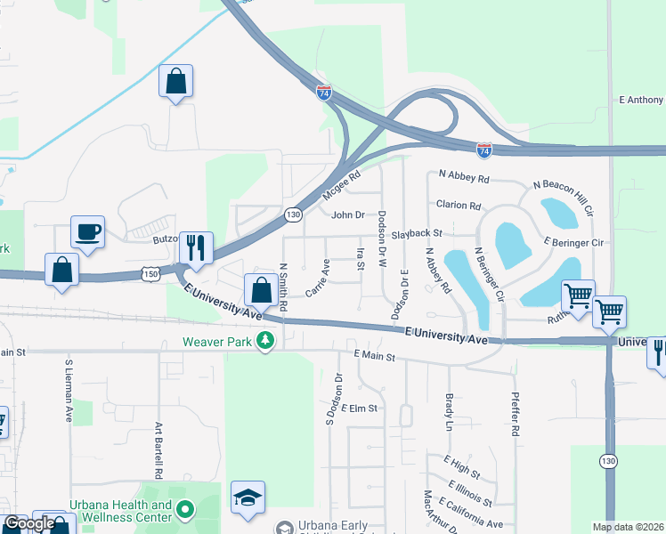 map of restaurants, bars, coffee shops, grocery stores, and more near 2401 Edward Street in Urbana