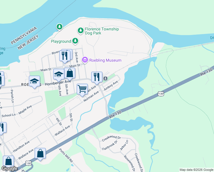 map of restaurants, bars, coffee shops, grocery stores, and more near 3 Railroad Avenue in Florence