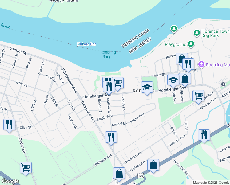 map of restaurants, bars, coffee shops, grocery stores, and more near 1243 Hornberger Avenue in Florence