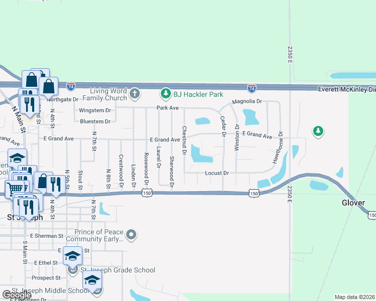 map of restaurants, bars, coffee shops, grocery stores, and more near 510 Chestnut Drive in Saint Joseph