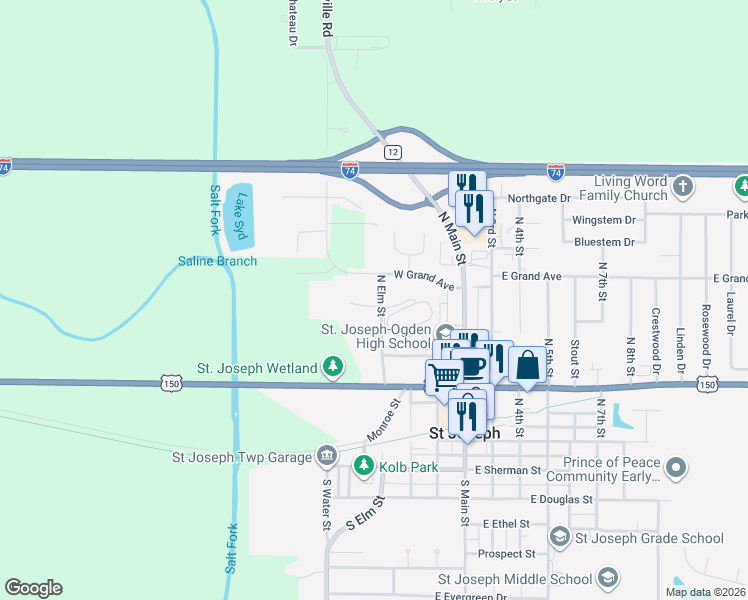 map of restaurants, bars, coffee shops, grocery stores, and more near 511 North Elm Street in Saint Joseph