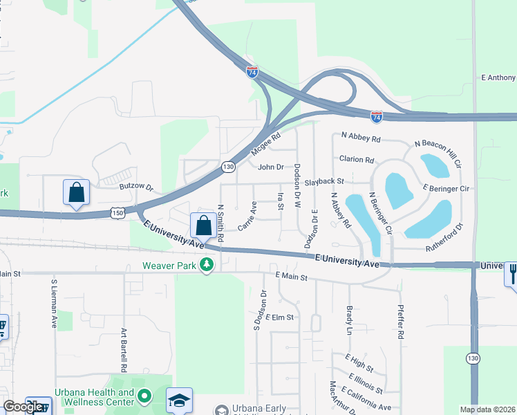 map of restaurants, bars, coffee shops, grocery stores, and more near 2401 Edward Street in Urbana