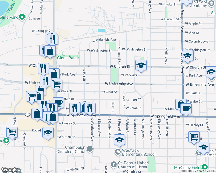 map of restaurants, bars, coffee shops, grocery stores, and more near 1403 West University Avenue in Champaign