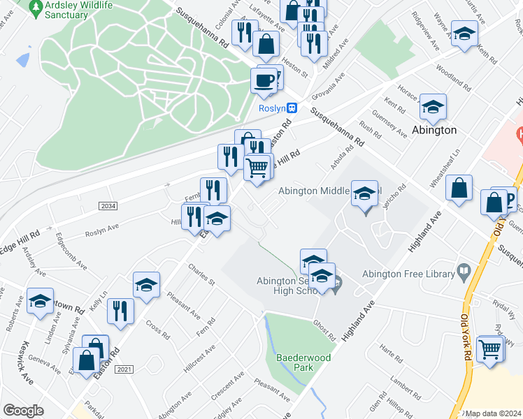 map of restaurants, bars, coffee shops, grocery stores, and more near 2213 Florey Lane in Abington