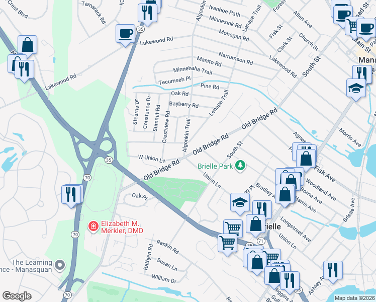 map of restaurants, bars, coffee shops, grocery stores, and more near 604 Algonkin Trail in Brielle