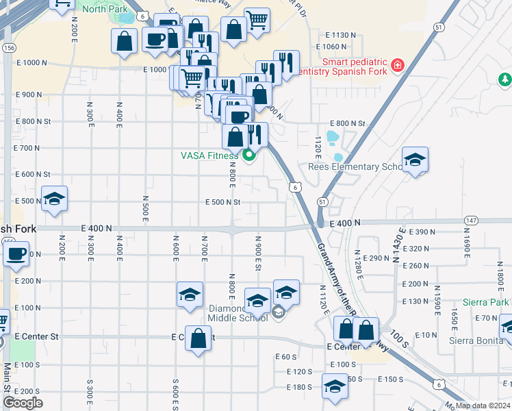 map of restaurants, bars, coffee shops, grocery stores, and more near 900 East 500 North in Spanish Fork