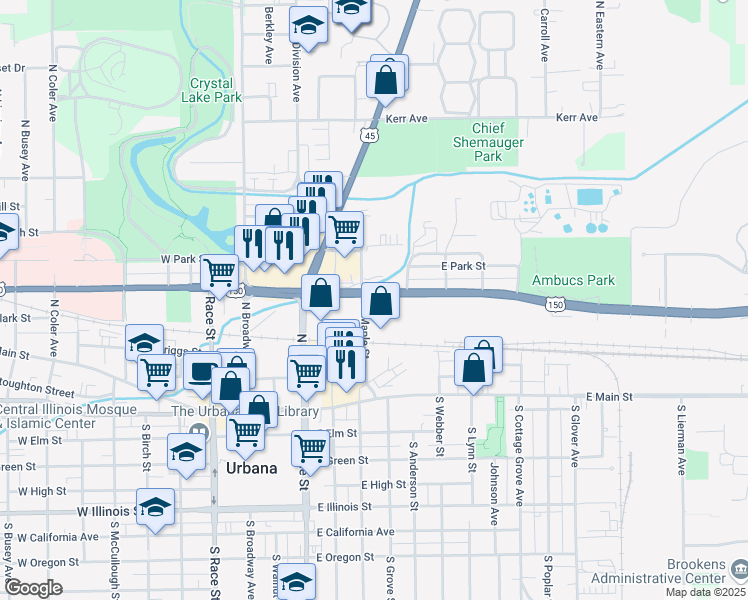 map of restaurants, bars, coffee shops, grocery stores, and more near 601 E University Ave in Urbana